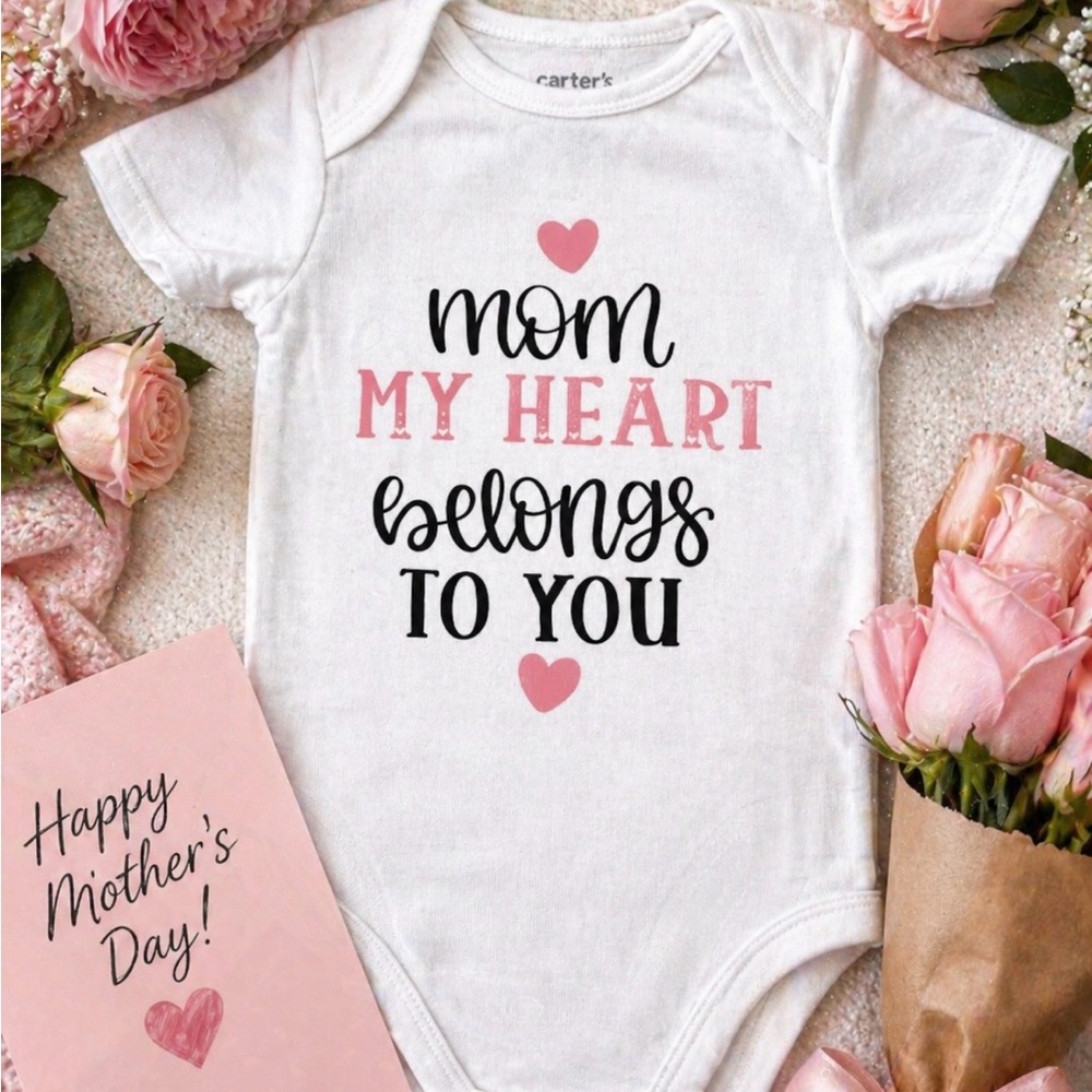 Carter's White Baby Bodysuit with Pink and Black Heart Mom Graphic